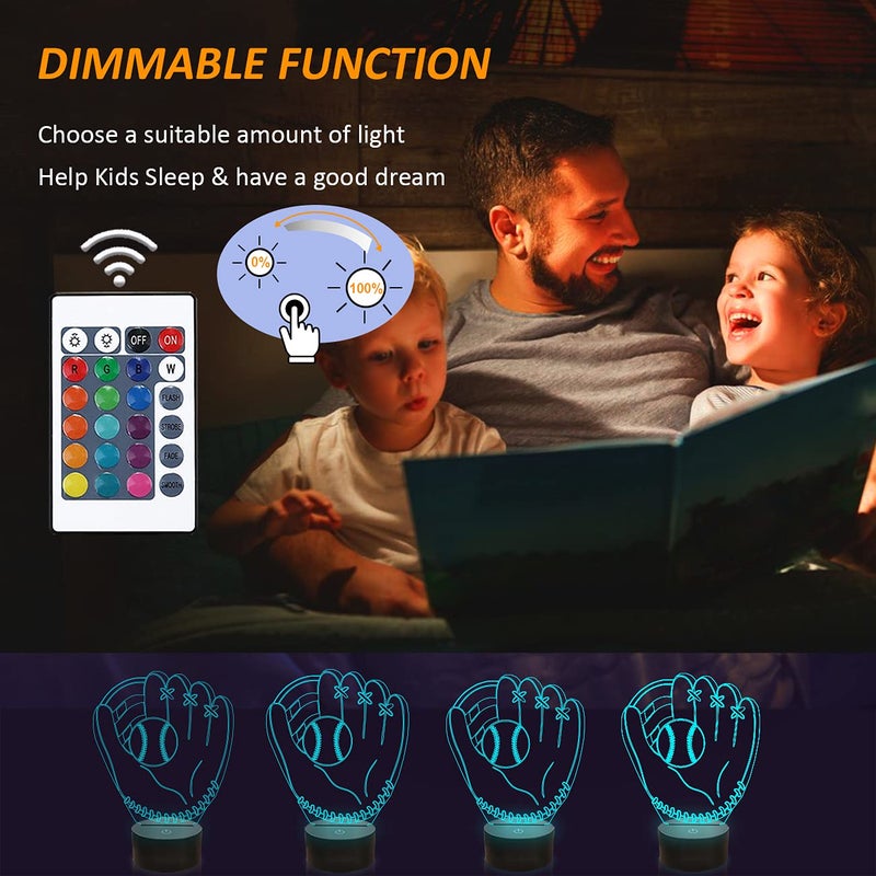 FULLOSUN Baseball Gifts for Kids, 3D Glove Night Lights Illusion Bedside Lamp 16 Colors Changing with Remote Control for Boy Christmas Thanksgiving Xmas - Image 4